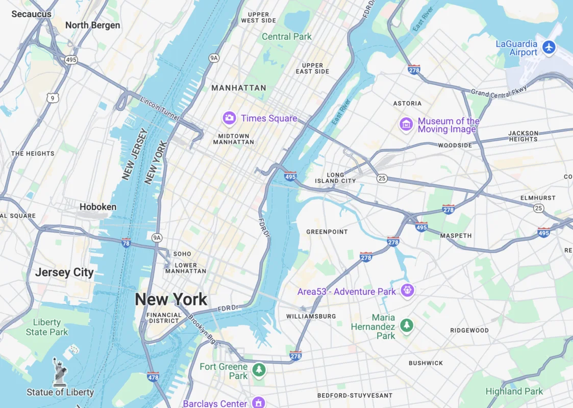 Map showing the general New York, NY area where Novamind Psychiatry NYC provides services